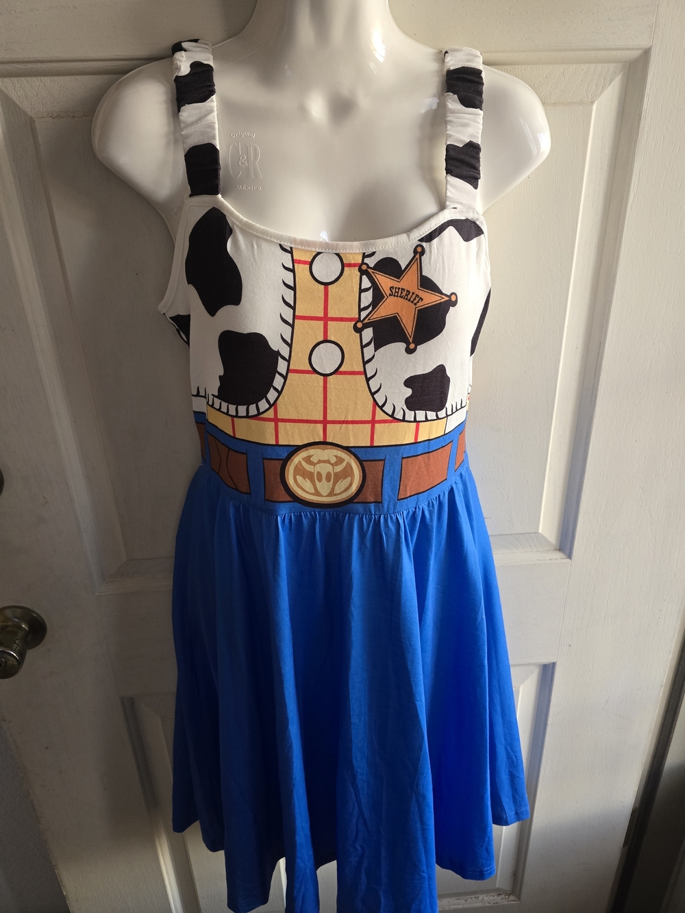 Blue Cowprint Sheriff Midi Dress with Fun Graphic Bodice
